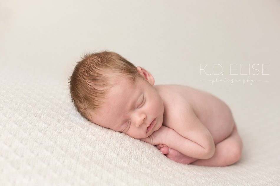 Newborn baby girl laying on cream blanket. Newborn photography by K.D. Elise Photography.